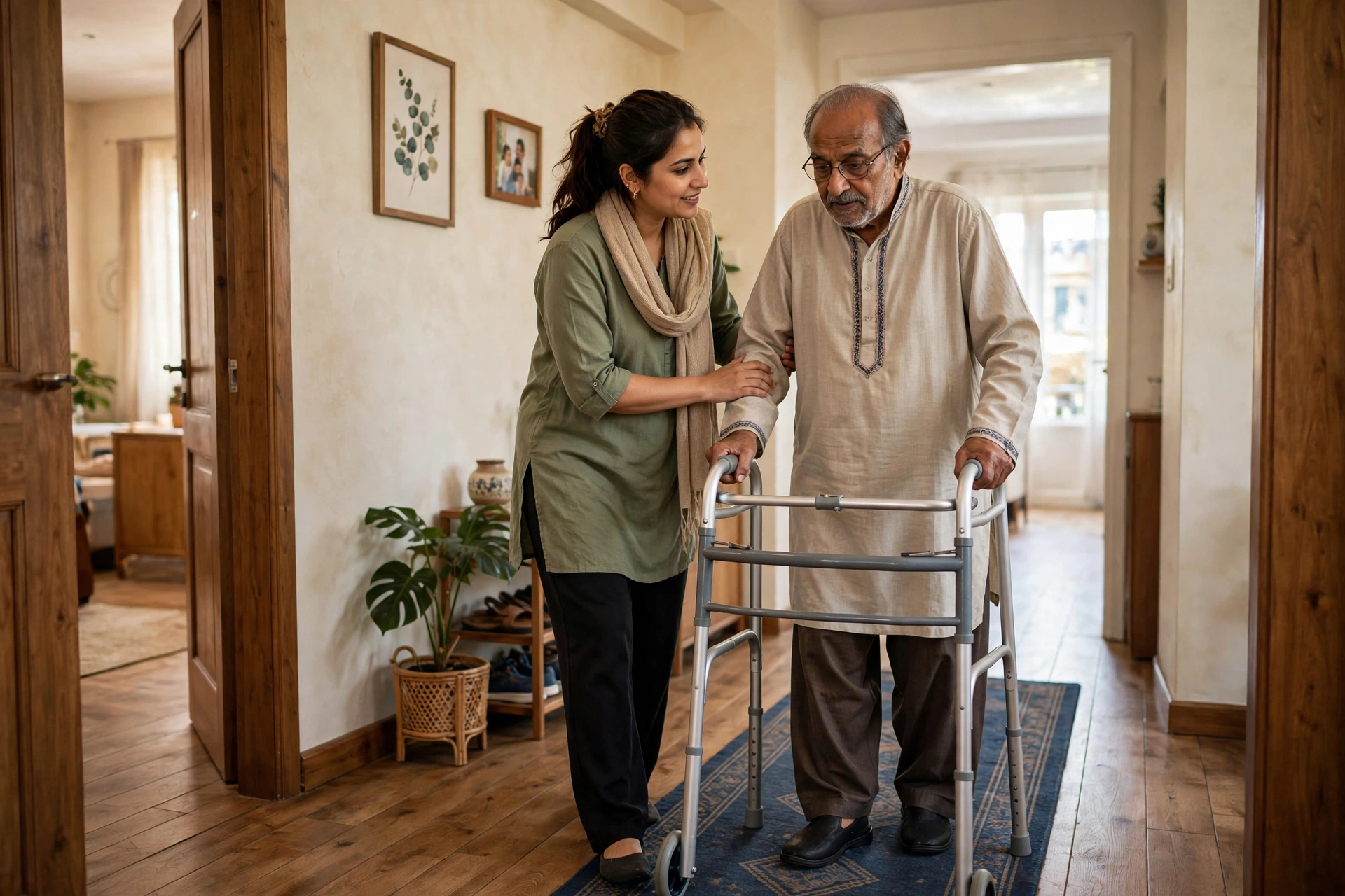 Caregiver helping stroke patient practice walking with a walker at home in Lahore