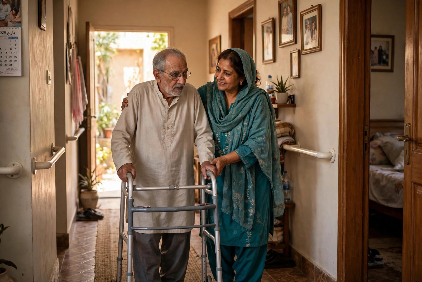 Caregiver helping a stroke patient at home practice walking with a walker
